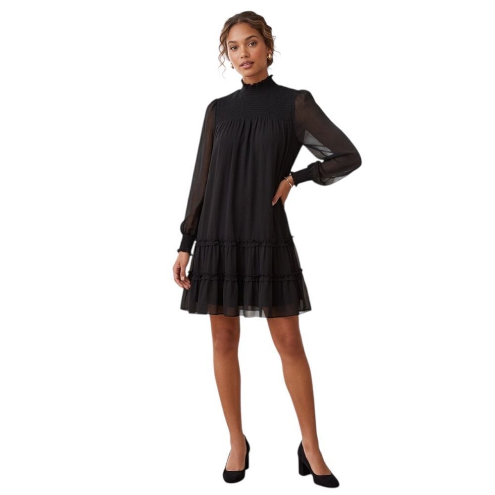 CeCe Black Chiffon Long Sleeve Ruffled Dress